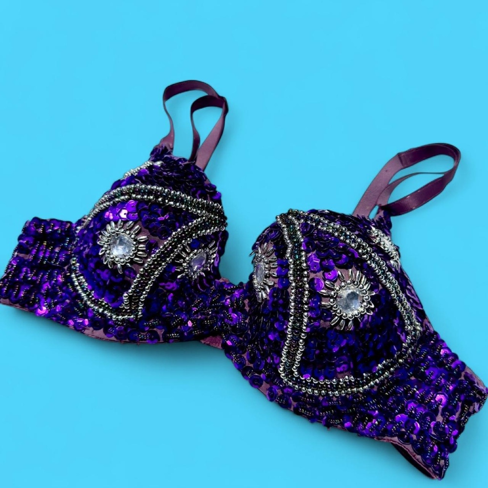 Handmade showgirl purple & silver allover sequin underwire bra